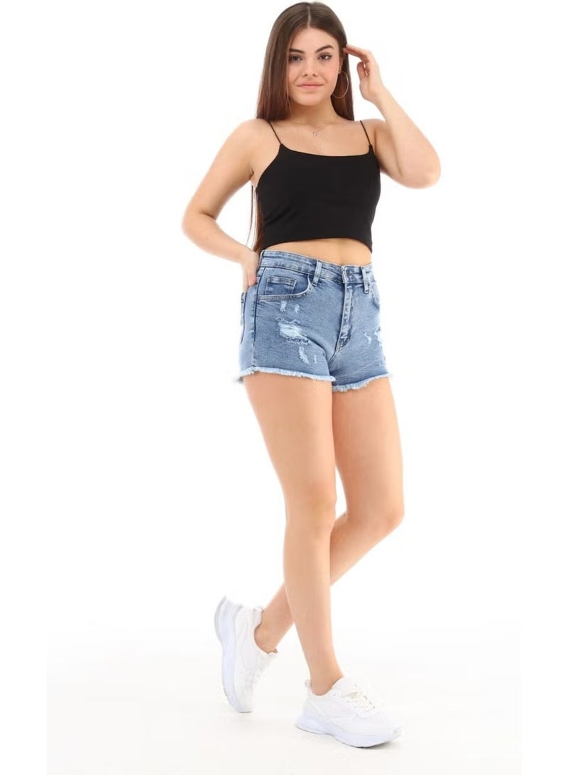 Cedy Denim شورتات جينز نسائية قصيرة بخصر عالي وأطراف ممزقة مع زخارف من الخيوط باللون الأزرق برلين C603 - Image 2